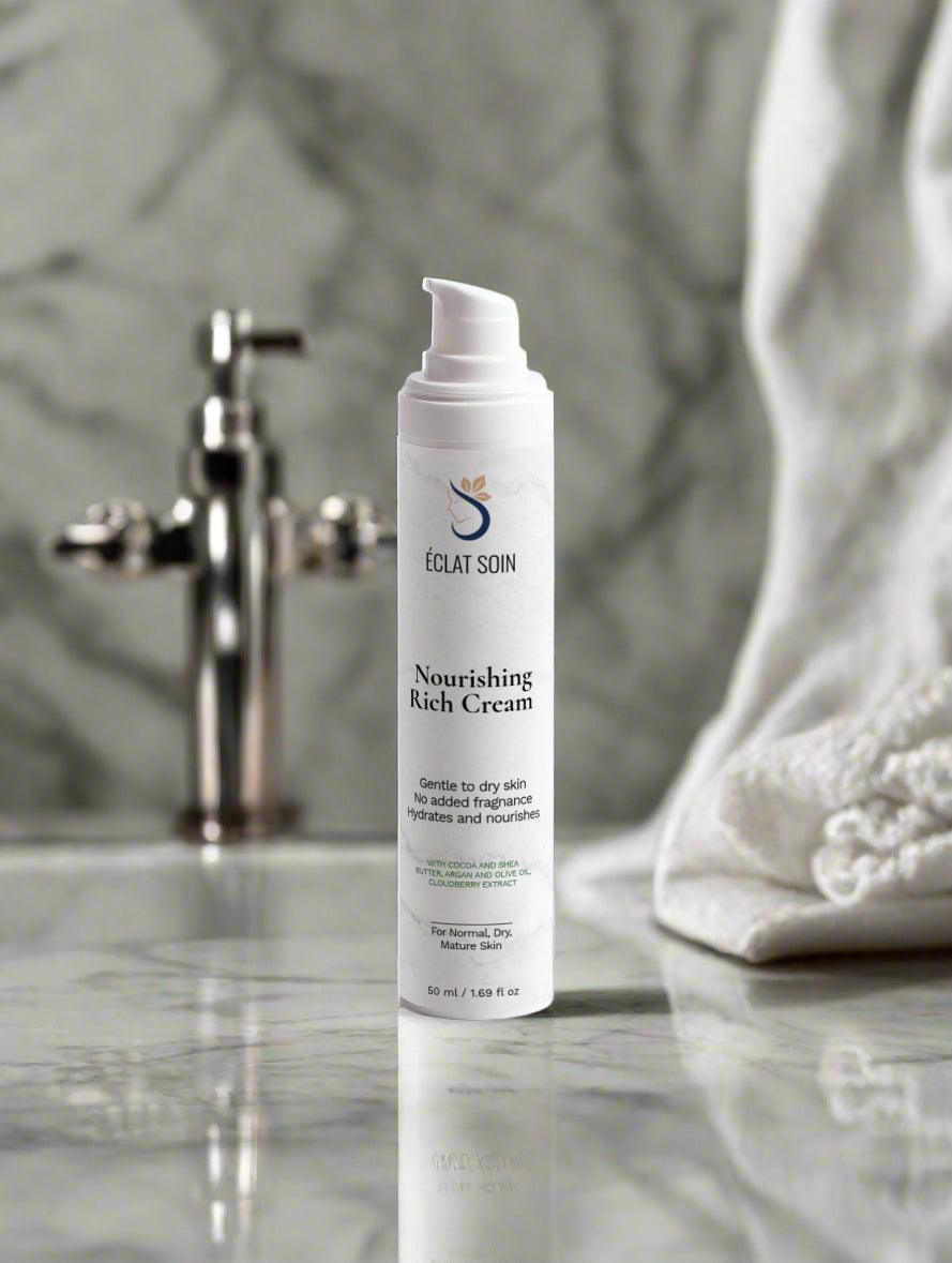 Eclat Soin Nourishing Rich Face Cream in white bottle for hydrating dry skin